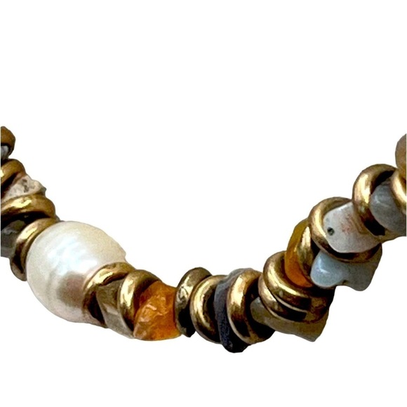 Bohemian Agate Chip & Faux Pearl Necklace With Brass Accents.  A88 - Picture 7 of 11